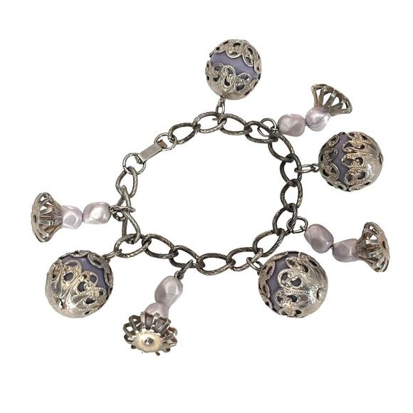 Ornate Charm Bracelet Brass Ball Stone Chain Purple Gold 7" Chunky Jewels Vtg - Picture 2 of 4